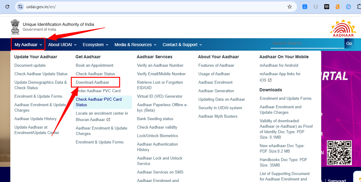 Step 2: Navigate to the "My Aadhaar" section on the UIDAI website and click "Download Aadhaar" to retrieve your digital copy.