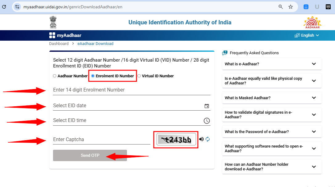 Step 3: Select "Download Aadhaar by Enrollment ID (EID)" on the UIDAI website, enter your EID, date, time, and captcha to proceed.