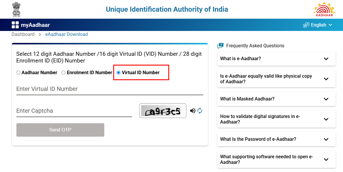 Step 3: Select "Download Aadhaar by Virtual ID (VID)" on the UIDAI website, enter your VID, and complete the captcha verification to proceed.