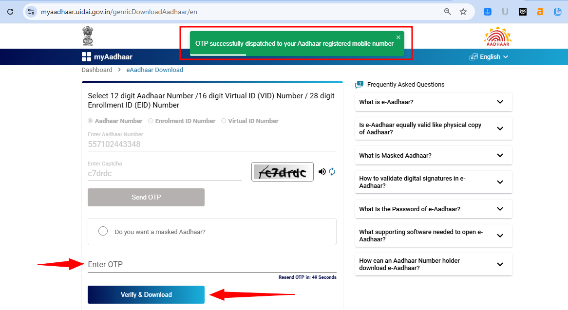 Step 4: Click "Send OTP" on the UIDAI website, receive the OTP on your registered mobile number, and enter it in the provided field to verify your identity.