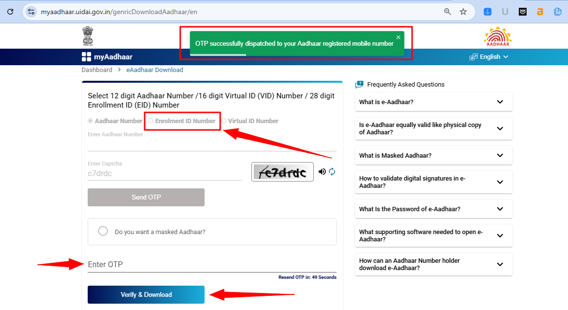 Step 4: Click "Send OTP" on the UIDAI website, receive the OTP on your registered mobile number, and enter it in the provided field to verify your identity.