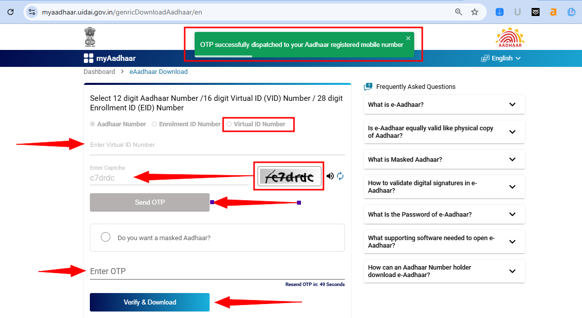 Step 4: Click "Send OTP" on the UIDAI website, receive the OTP on your registered mobile number, and enter it in the provided field to verify your identity.